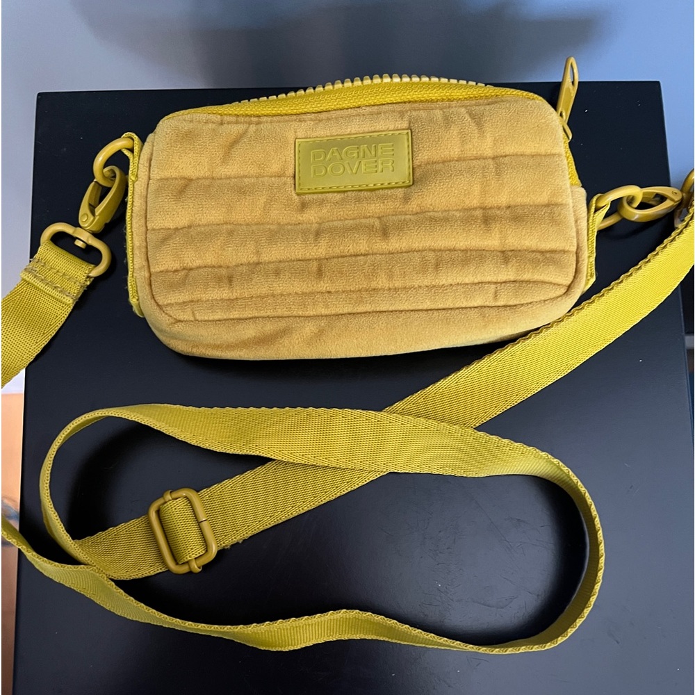 Beautiful Dagne Dover Mara velvet sling puff in Ochre.